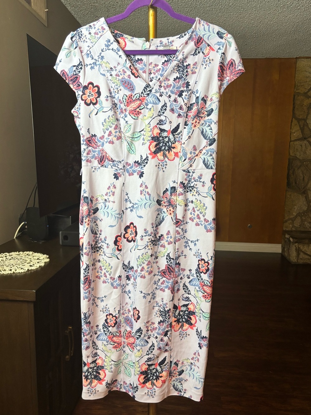 New York & Company Lavender Floral V-Neck Dress with Navy and Coral Accents